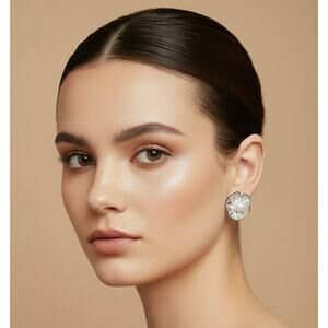 Clip on 3/4" silver and black bent wire flower earrings with pearl